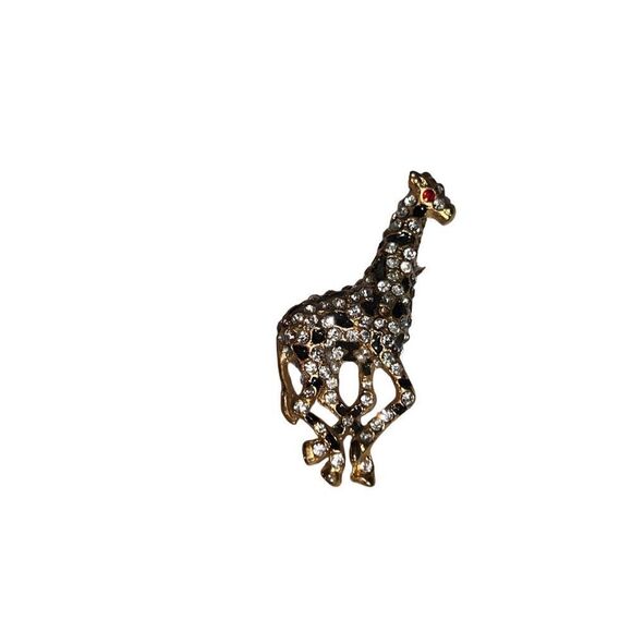Vtg Clear Rhinestones & Black Enamel Giraffe Brooch Pin Red Eyes Women Jewelry - Picture 4 of 4